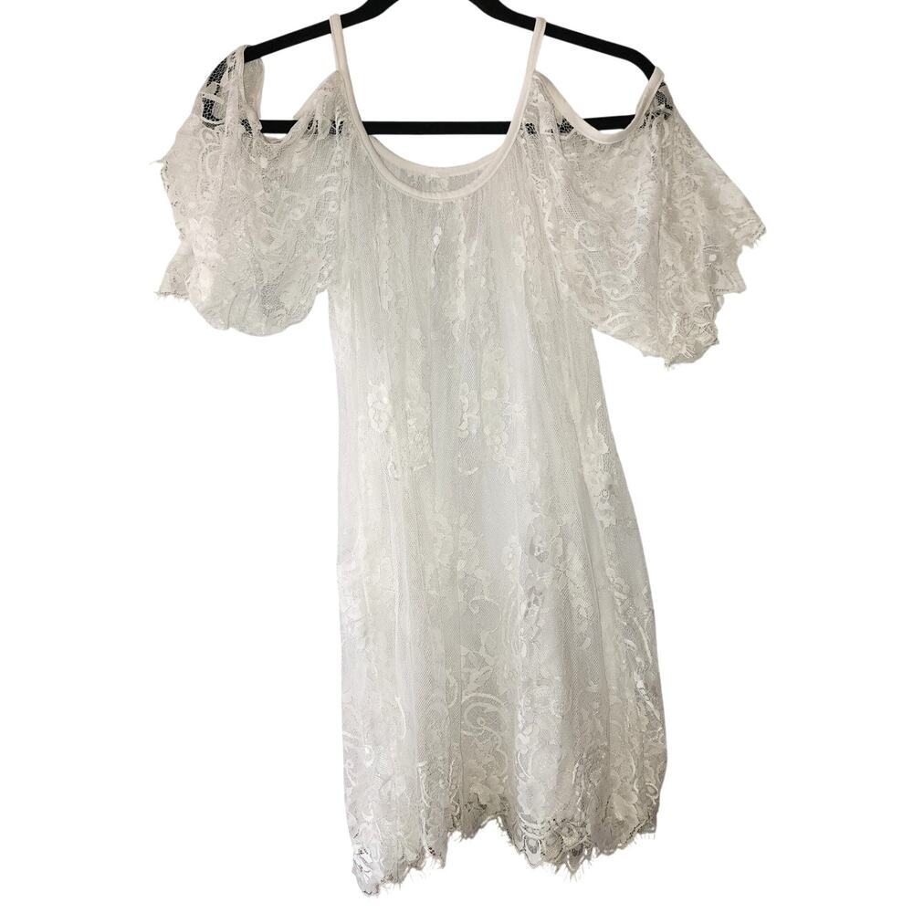Sheer Cold Shoulder White Lace Cover Up Dress Medium